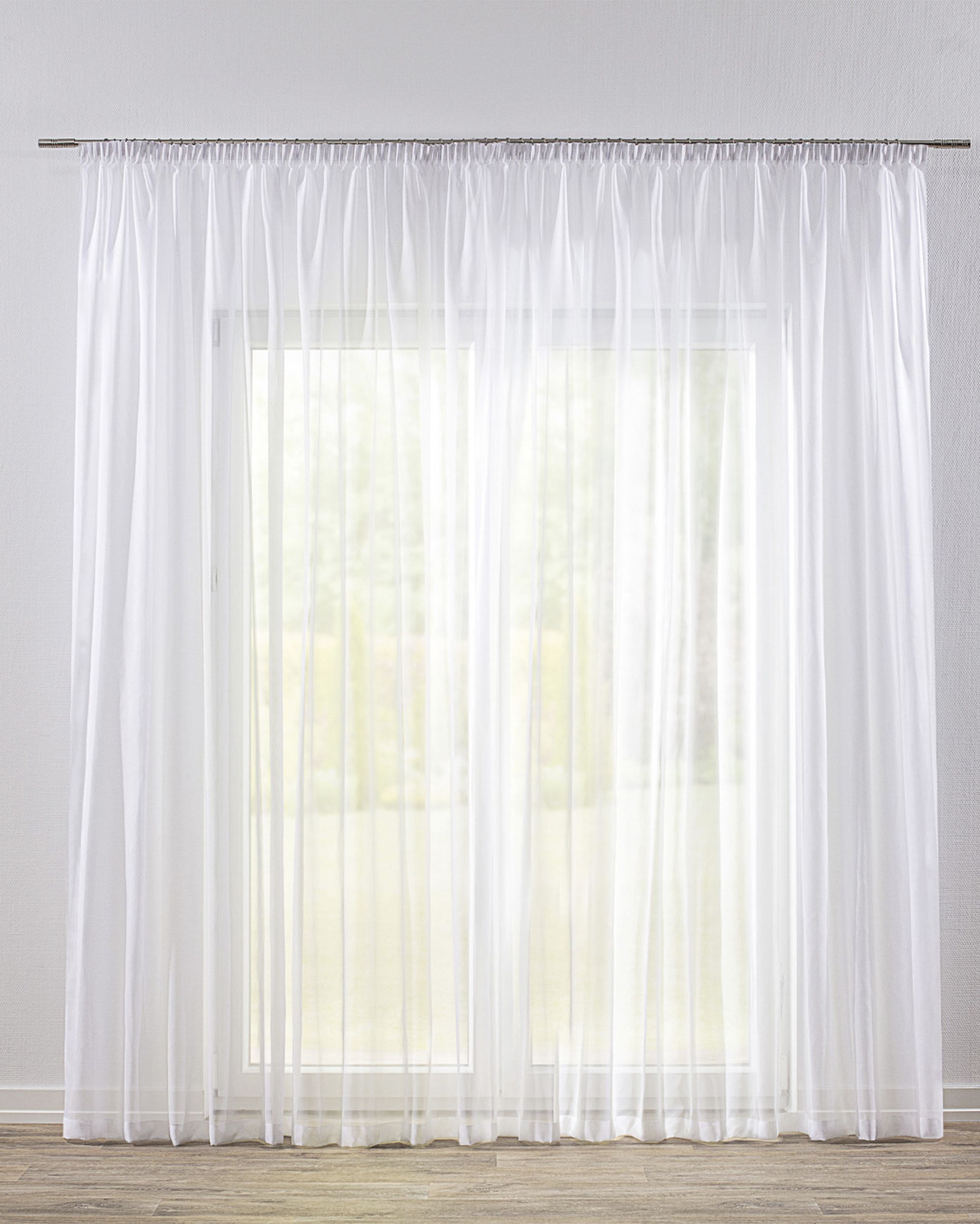 Pencil pleat voile/net curtain colour white fabric semi-sheer, gloss