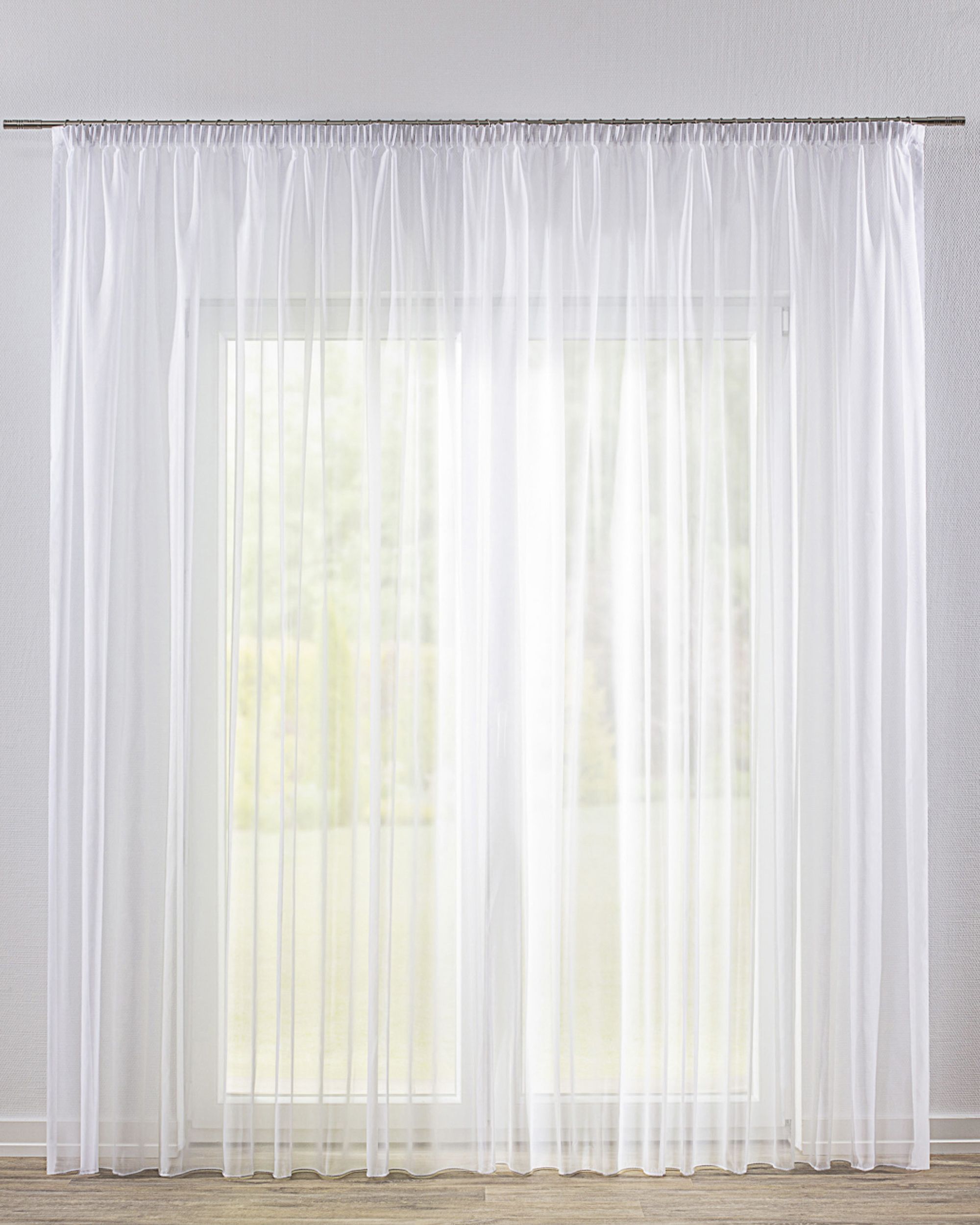 Pencil pleat voile/net curtain colour white fabric semi-sheer, gloss