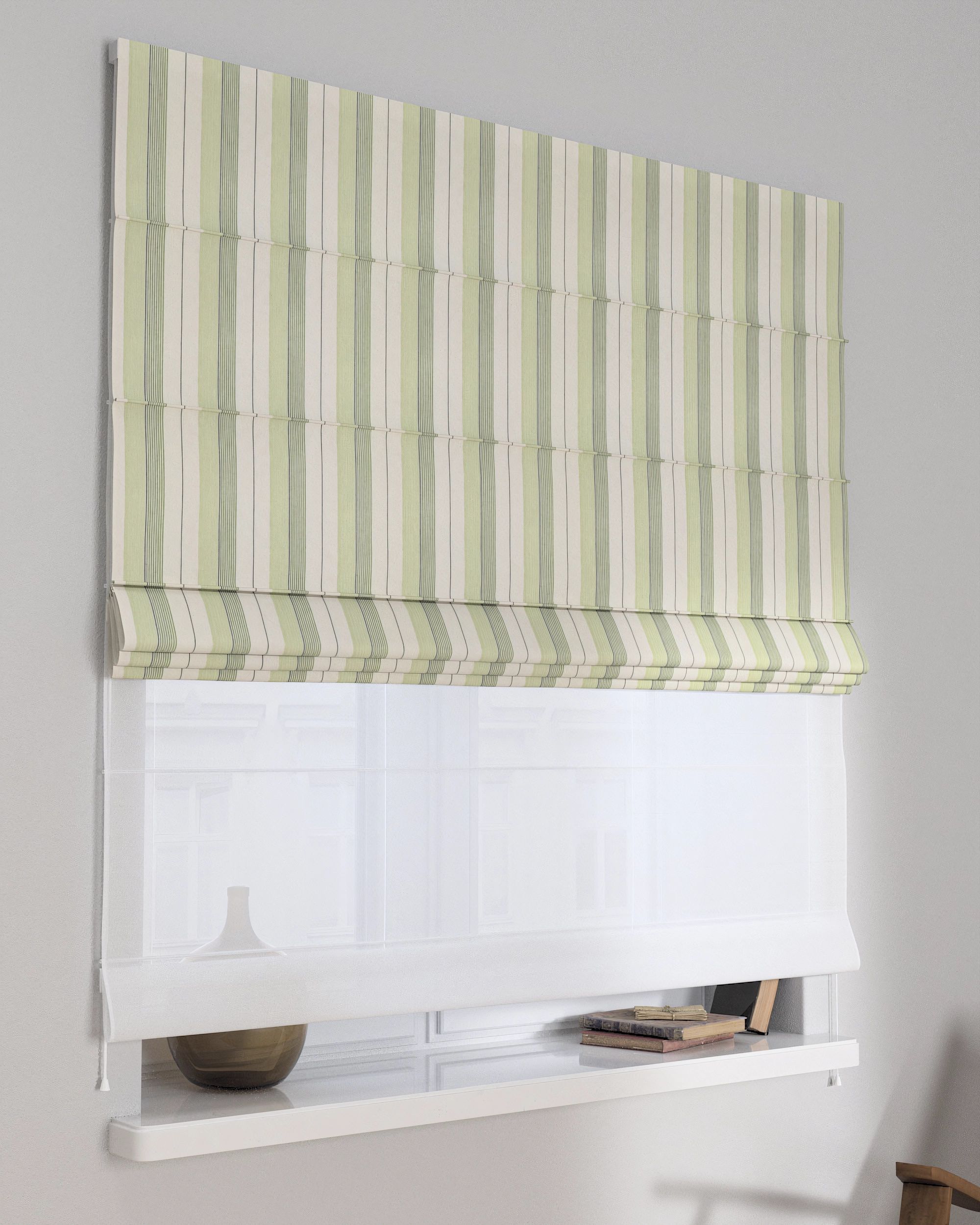 Voile and fabric roman blind (DUO II) colour green fabric structured, patterned