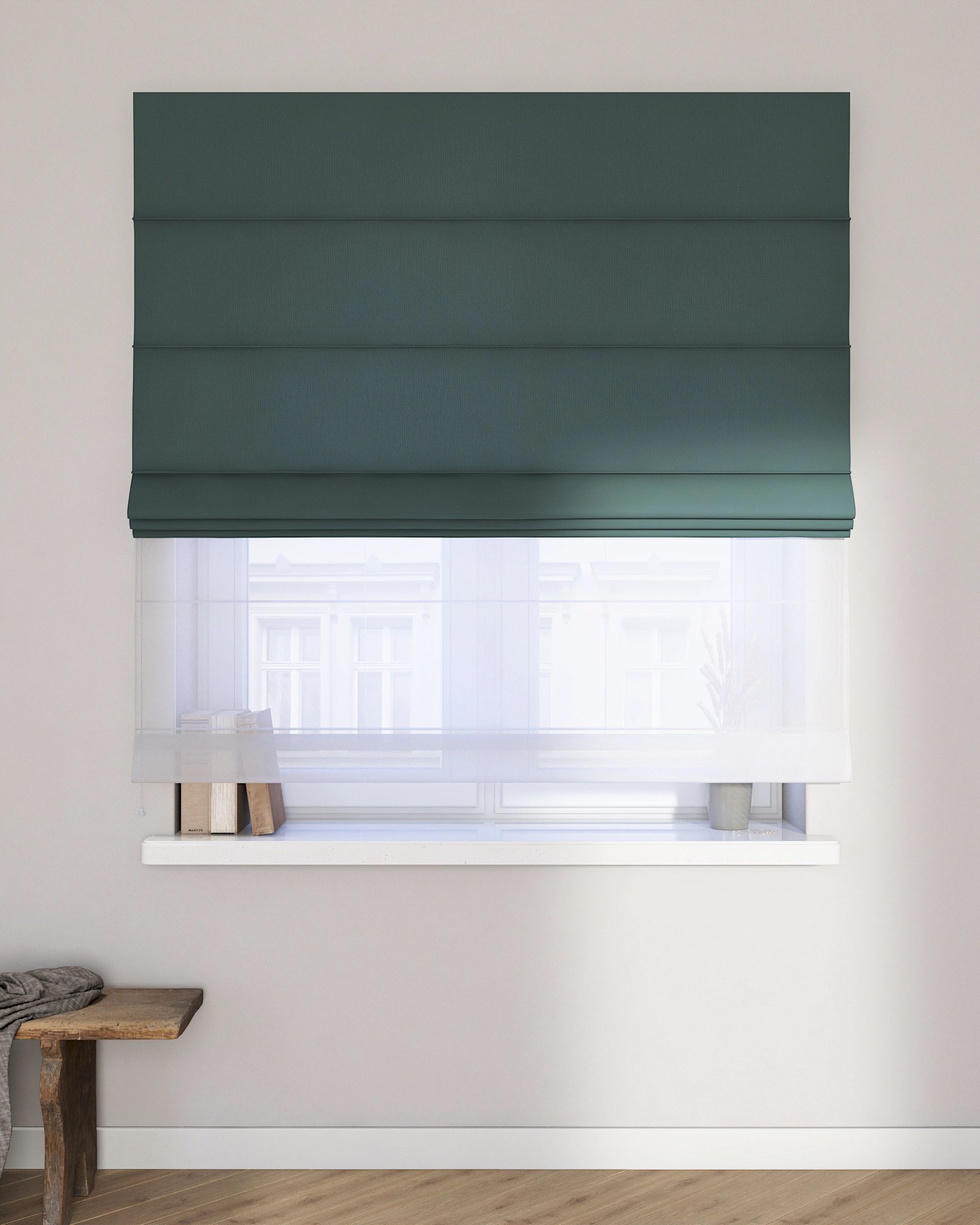Voile and fabric roman blind (DUO II) colour green fabric semi-sheer, structured (hover)