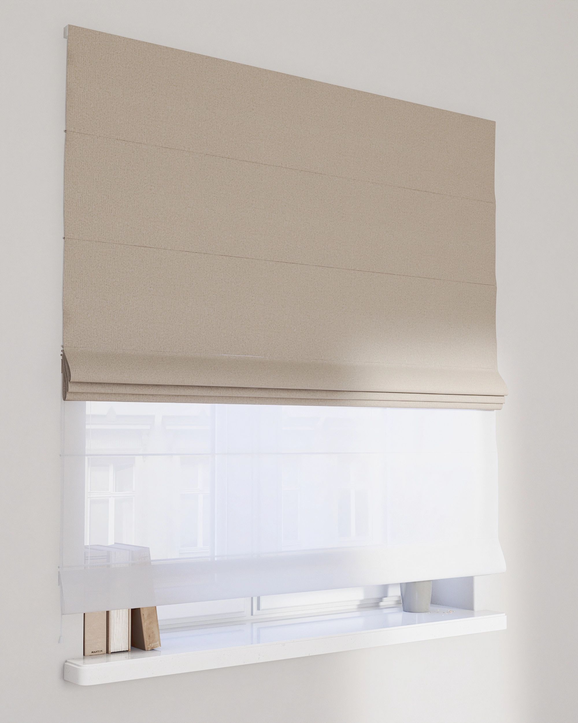 Voile and fabric roman blind (DUO II) colour beige fabric structured, blackout