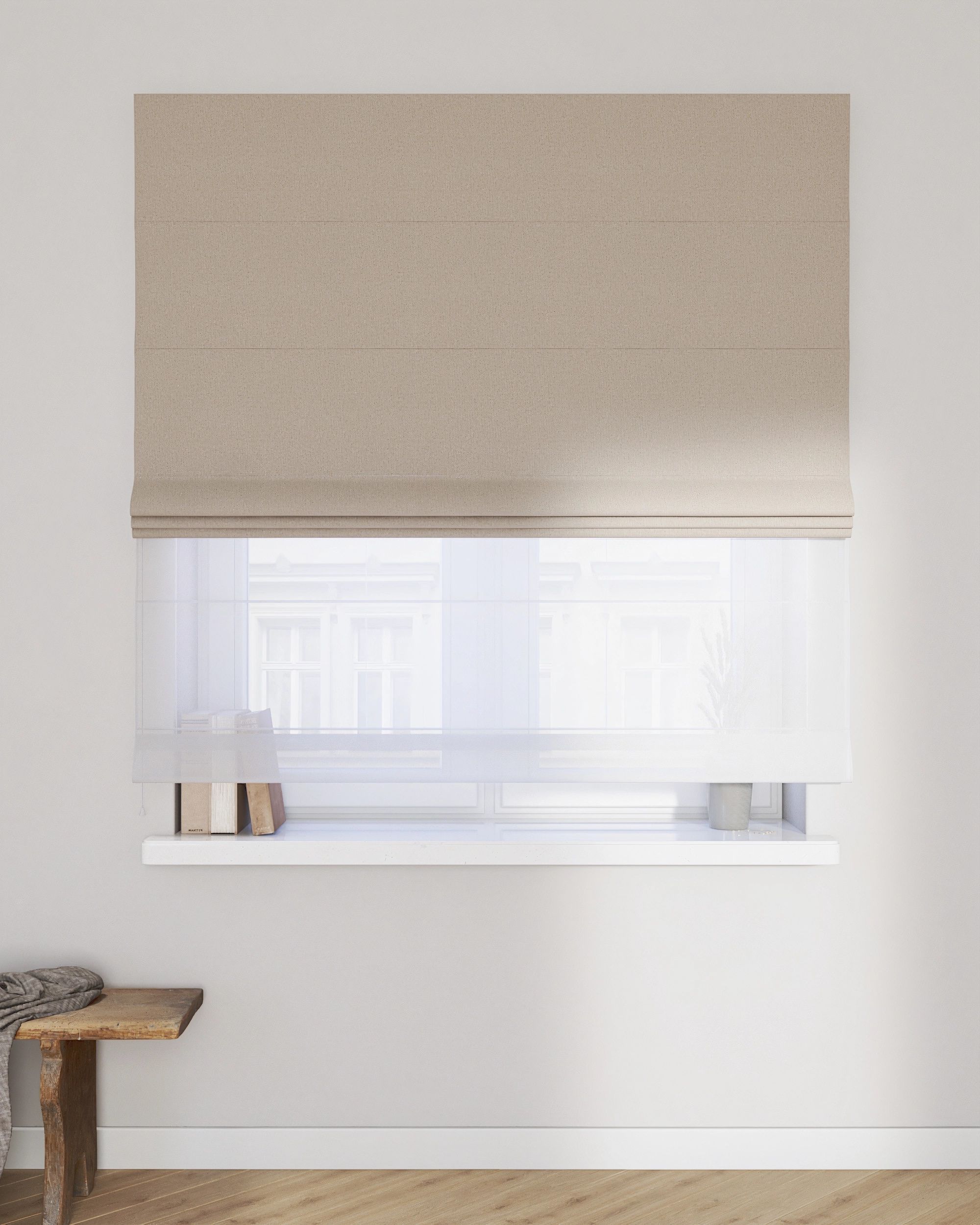 Voile and fabric roman blind (DUO II) colour beige fabric structured, blackout (hover)