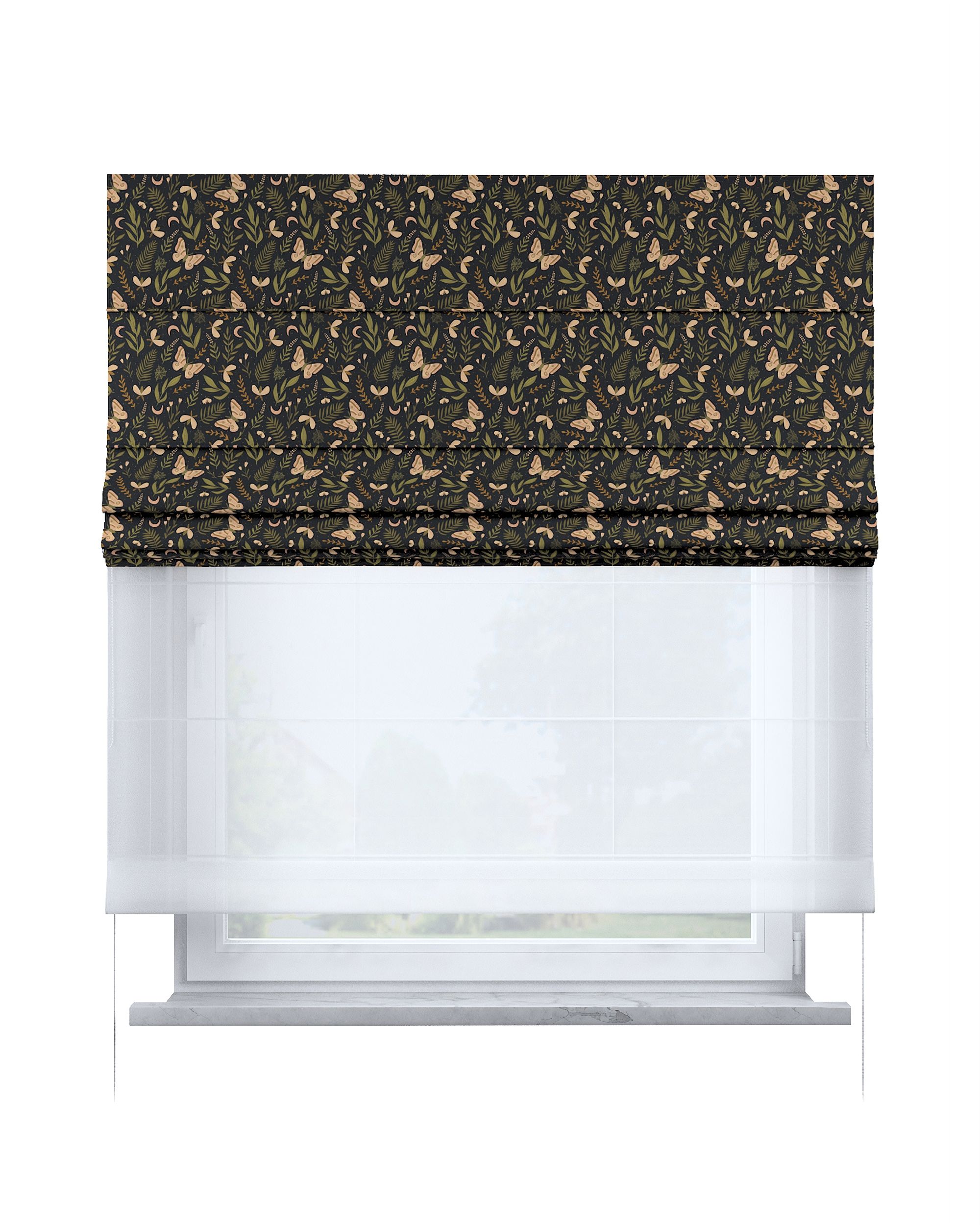 Voile and fabric roman blind (DUO II) colour black fabric patterned