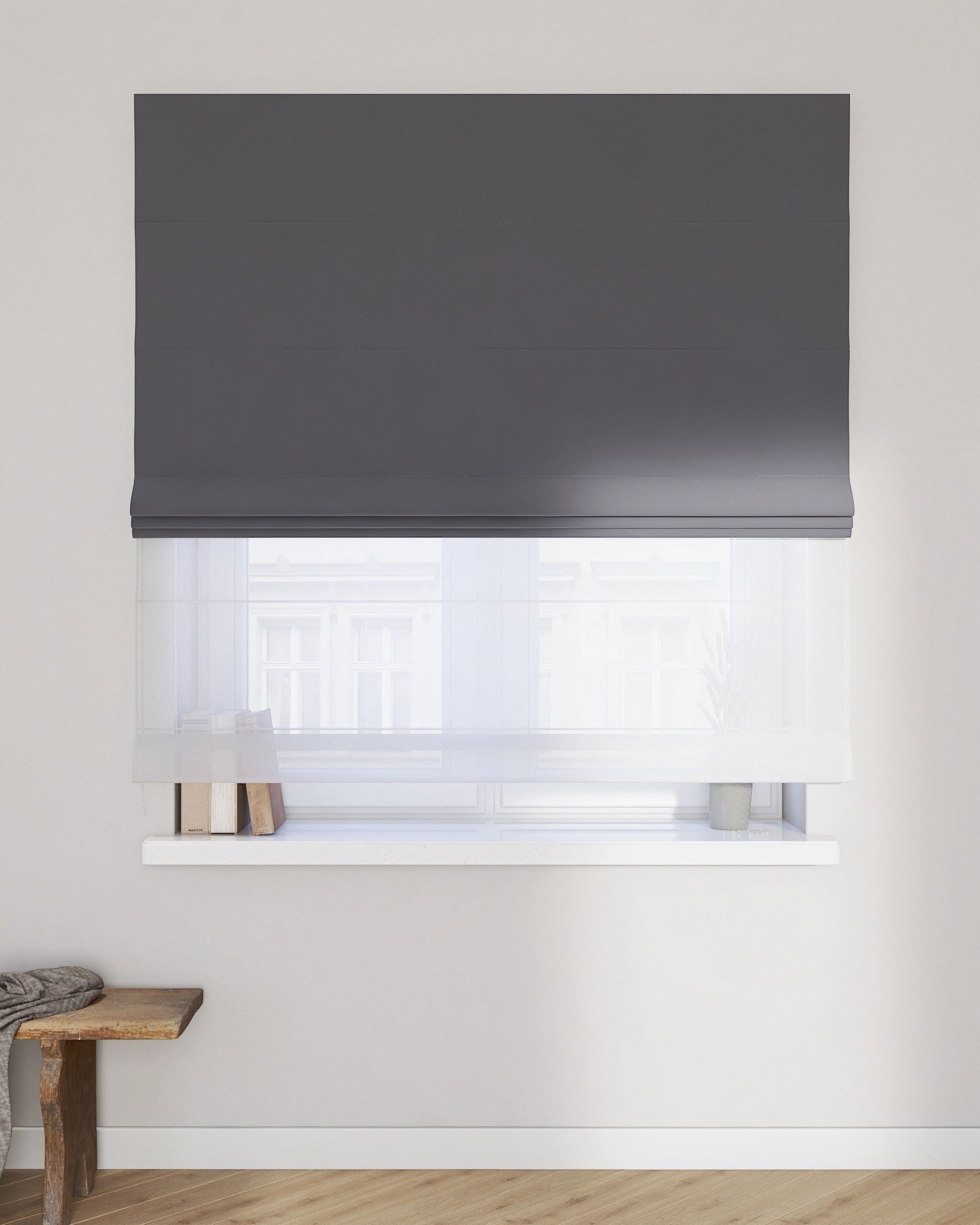 Voile and fabric roman blind (DUO II) colour grey fabric gloss, velvet (hover)