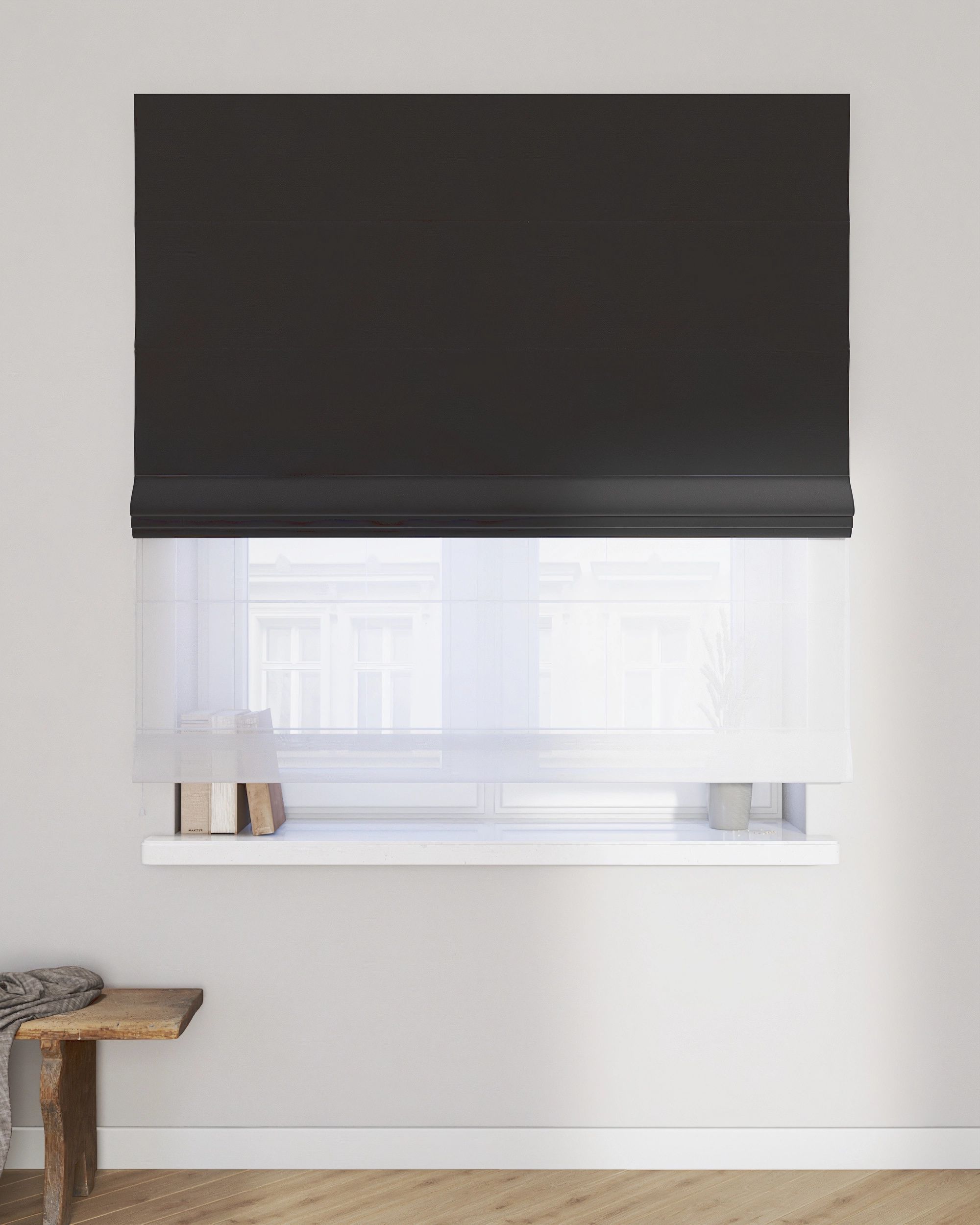 Voile and fabric roman blind (DUO II) colour black fabric gloss, velvet (hover)