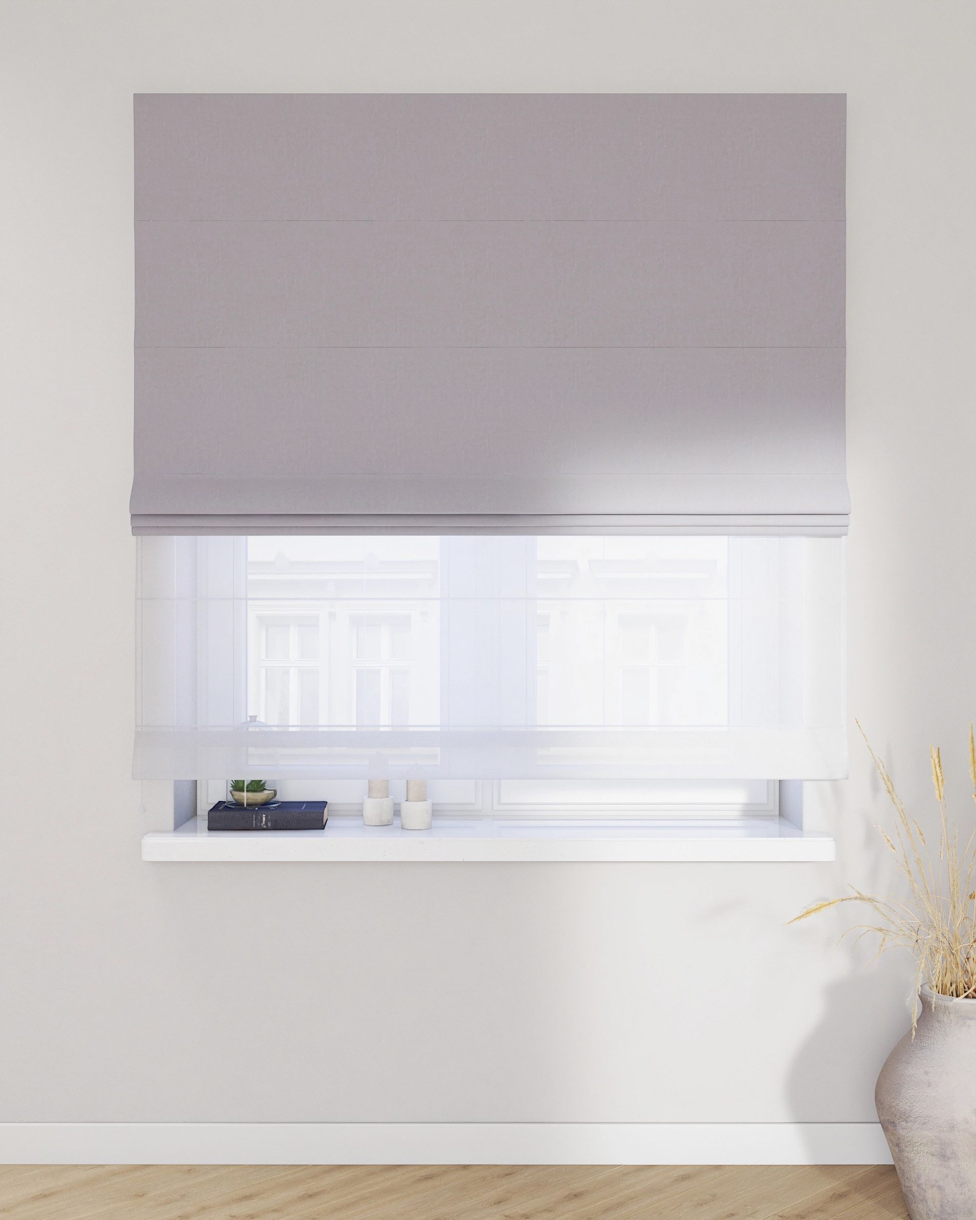 Voile and fabric roman blind (DUO II) colour grey fabric gloss, velvet (hover)