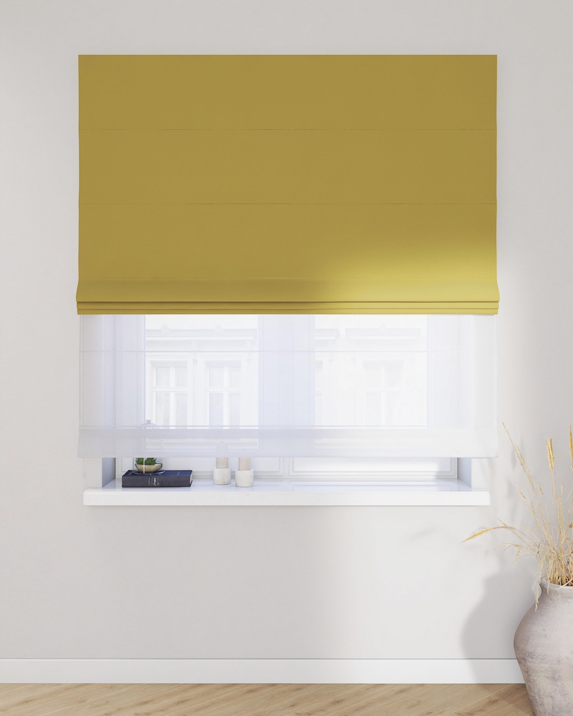 Voile and fabric roman blind (DUO II) colour green fabric gloss, velvet (hover)