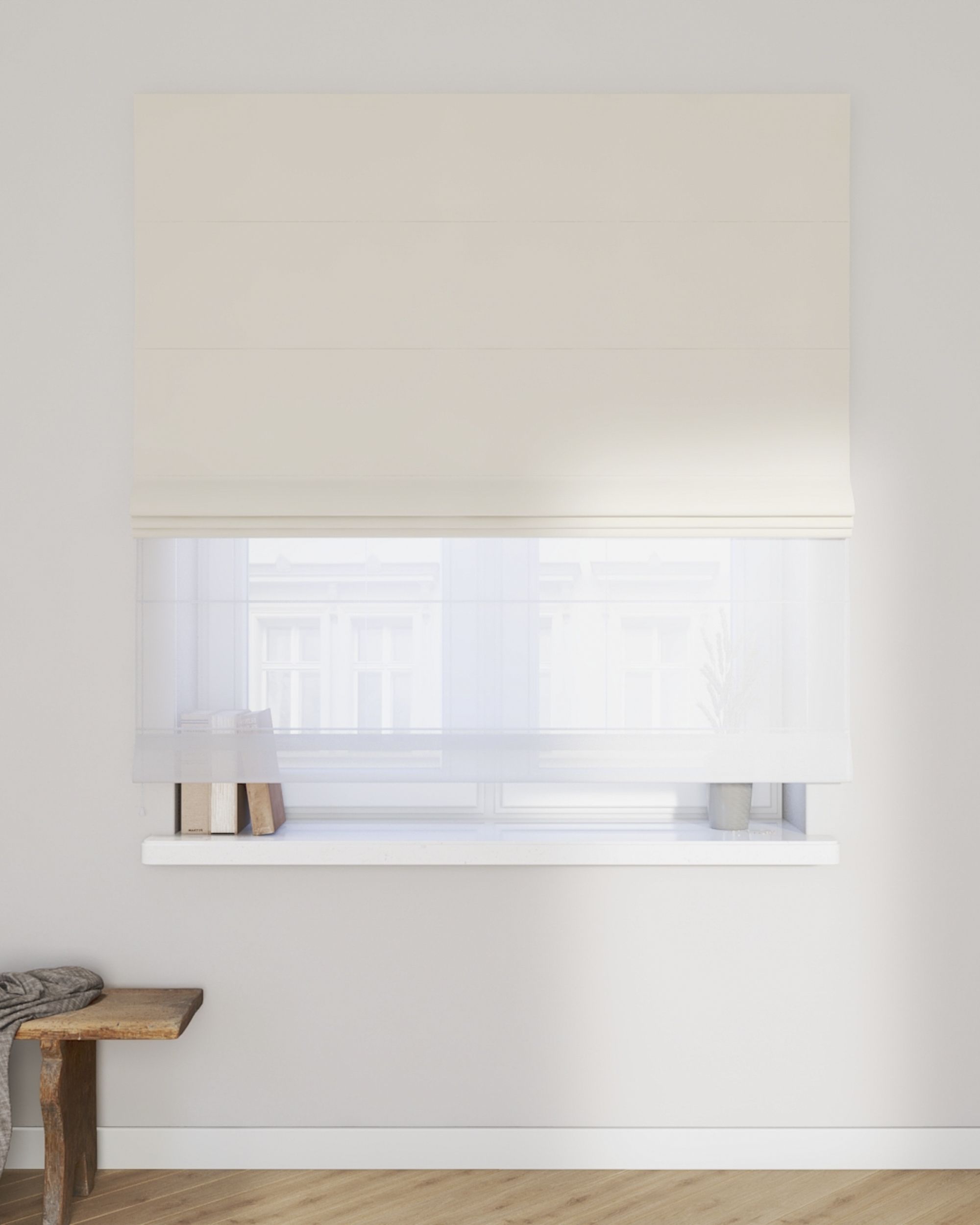 Voile and fabric roman blind (DUO II) colour cream fabric gloss, velvet (hover)