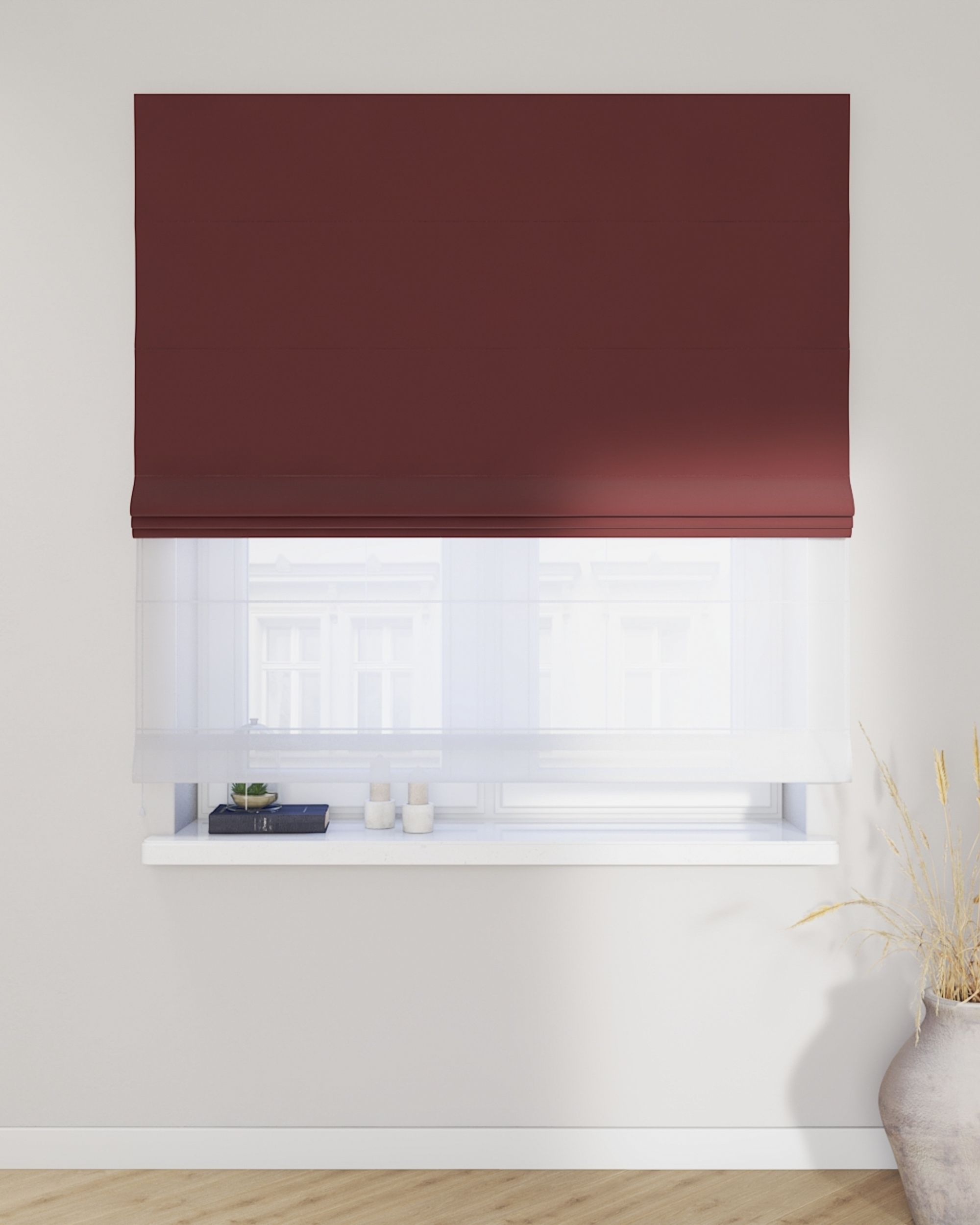 Voile and fabric roman blind (DUO II) colour red fabric gloss, velvet (hover)