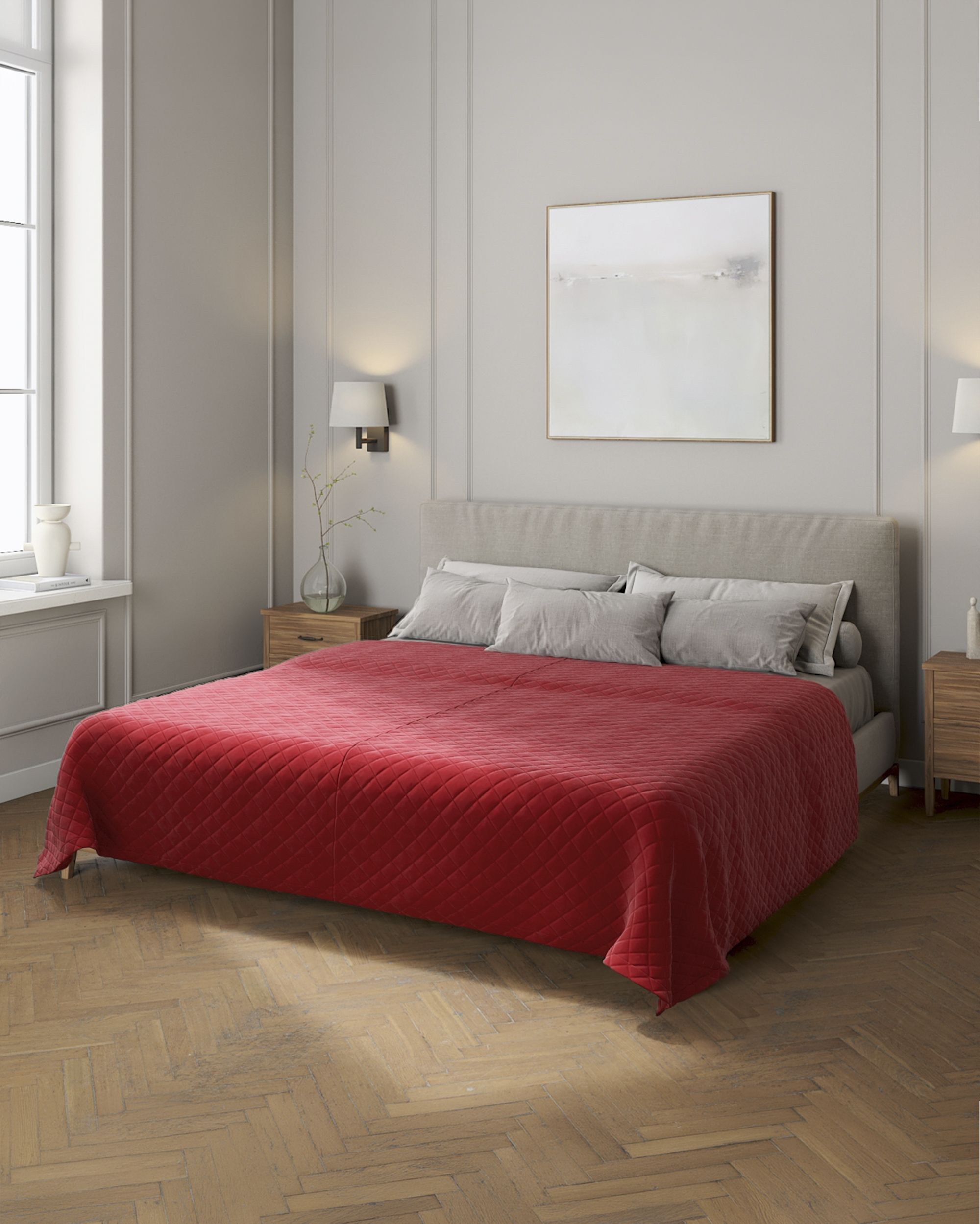 Velvet diamond quilted throw colour red fabric gloss, velvet